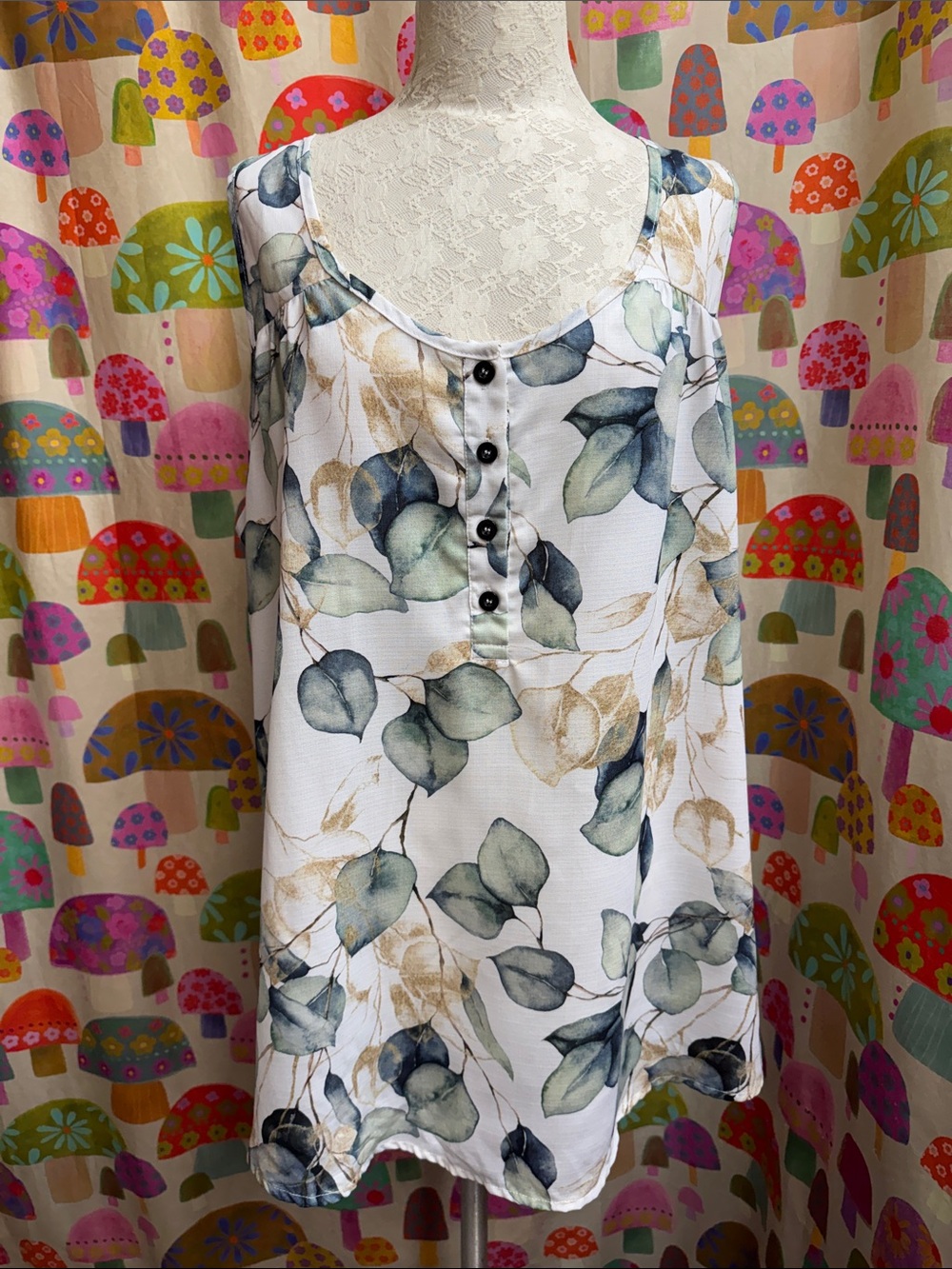 Flycurvy Floral Leaf Print Sleeveless Tank Top. XL